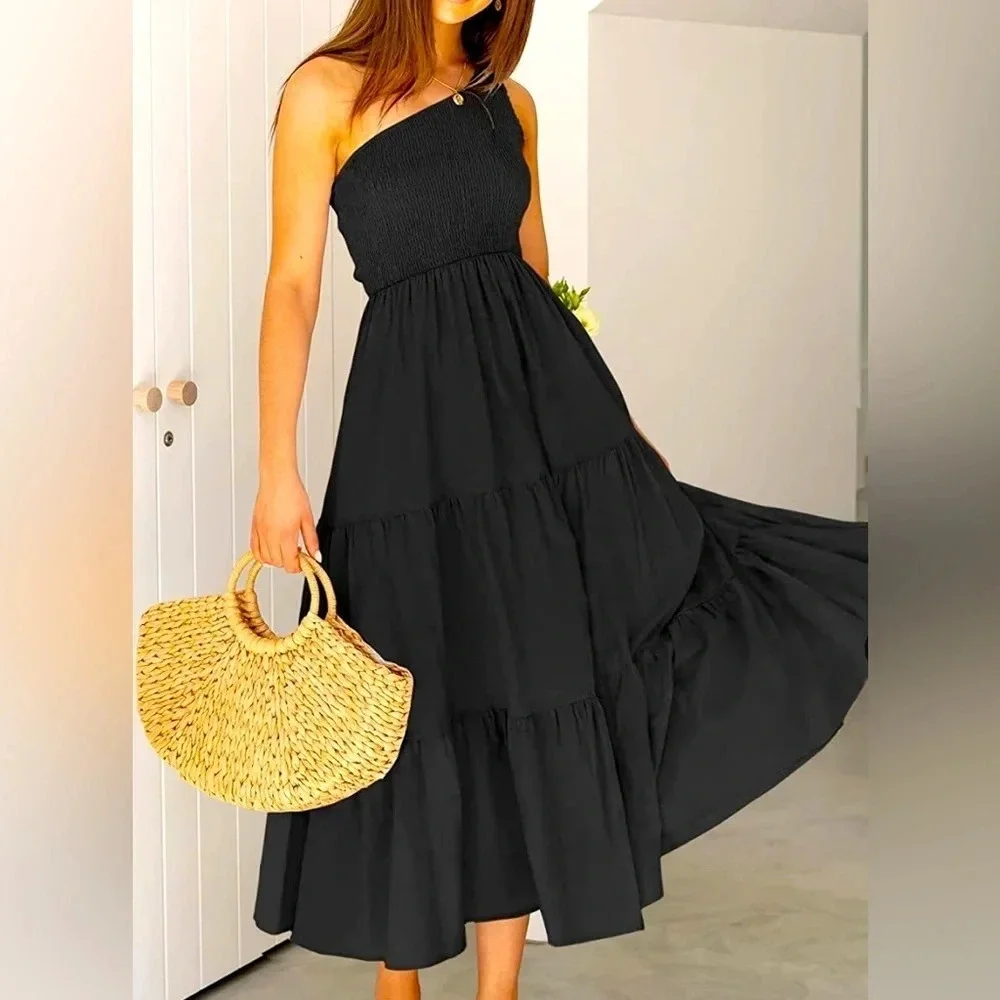 Women's Bohemian One Shoulder Sleeveless Smocked Ruffle Tiered Beach Midi Dress